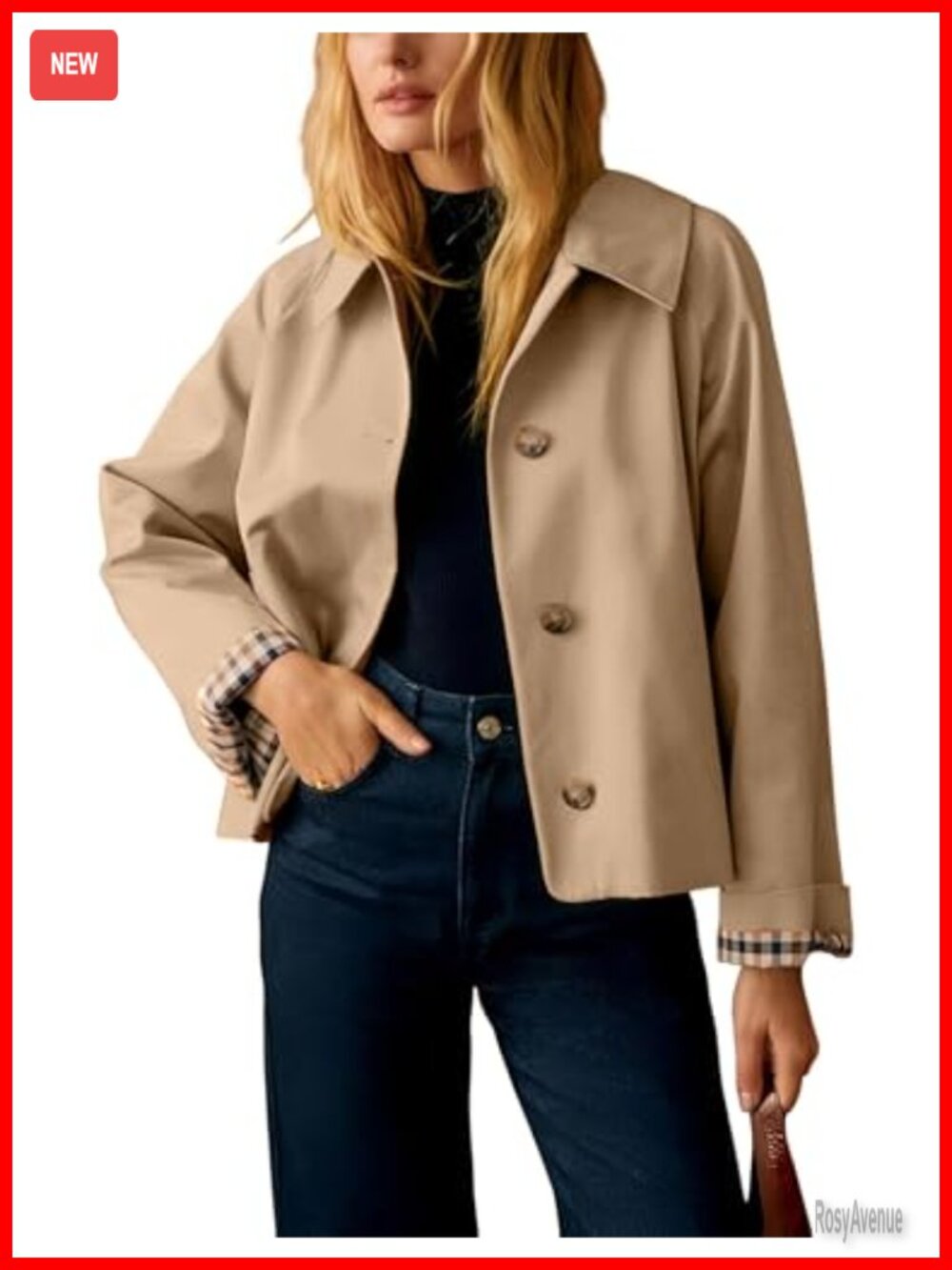 Womens Short Plaid Trench Coat Button Down Lapel Jacket Pockets
